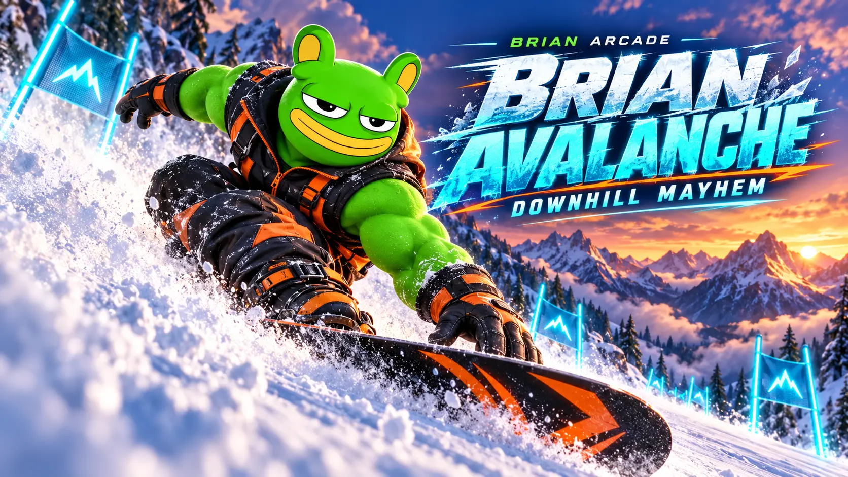 Brian Avalanche marketing artwork: Brian power-carves an orange snowboard through glowing ice gates on a mountain at sunset.