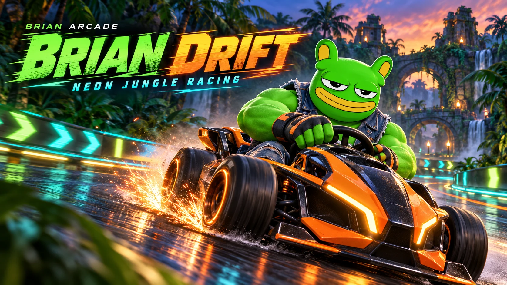 Brian Drift marketing artwork: Brian power-slides an orange kart through a glowing neon jungle circuit.
