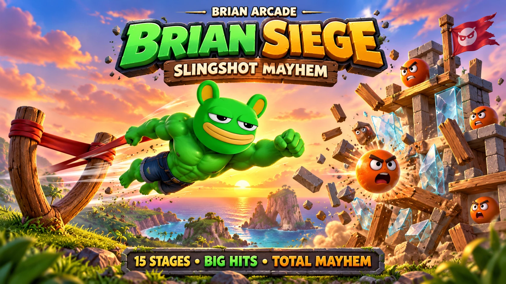 Brian Siege marketing artwork: Brian launches from a slingshot toward a collapsing coastal fortress.