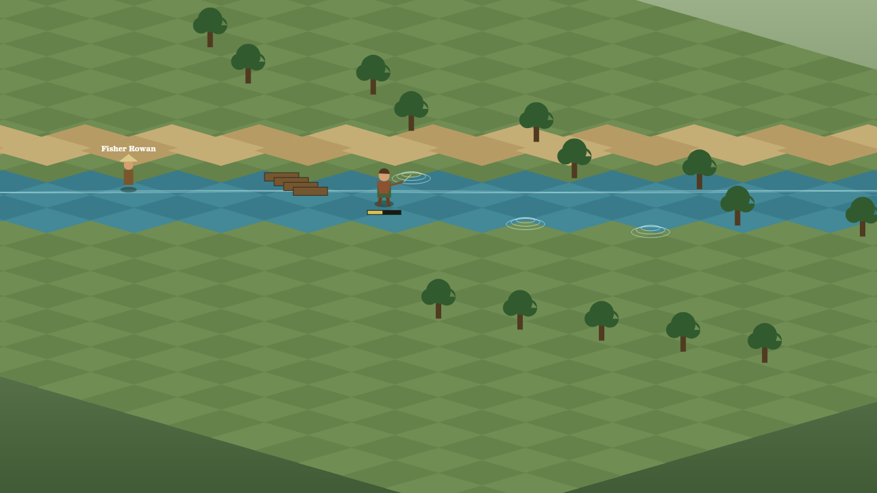 Deep Catch gameplay: a character fishing beside Willowbank’s river and wooden dock.