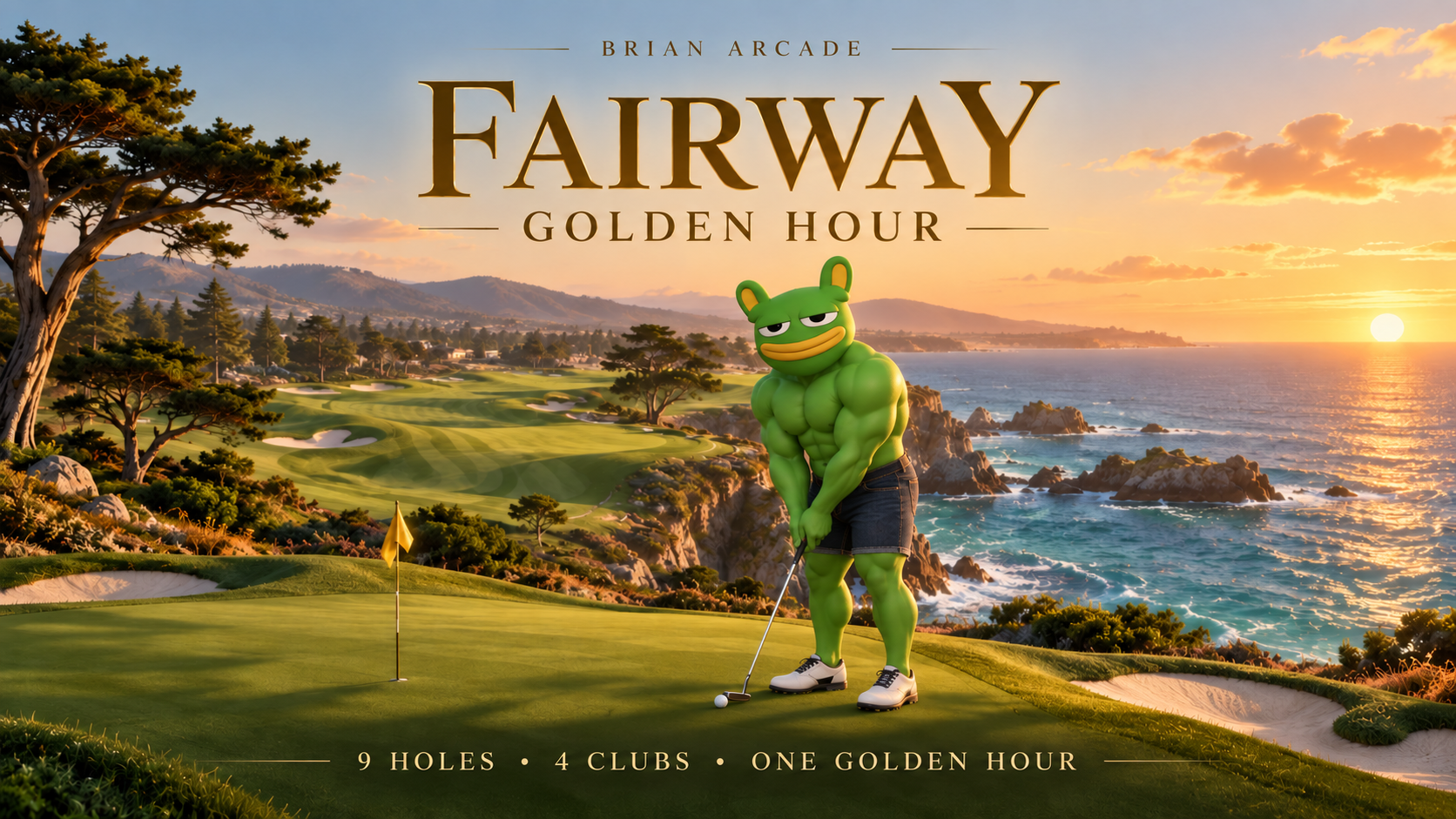 Fairway Golden Hour marketing artwork: Brian holding a golf club on the sunlit coastal course.