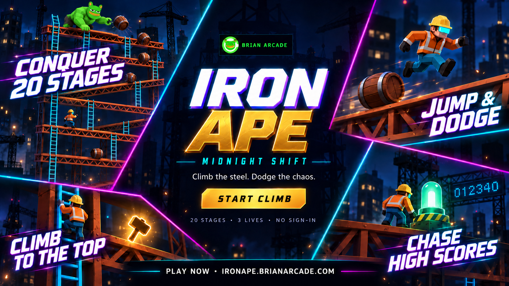 Iron Ape marketing artwork: climb steel girders, jump barrels and chase high scores across 20 stages.