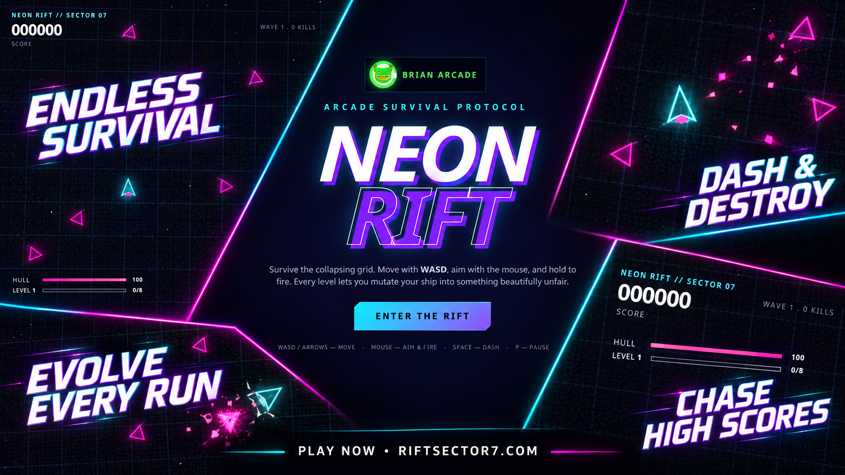 Neon Rift marketing artwork: endless survival, dash and destroy, evolve every run and chase high scores.
